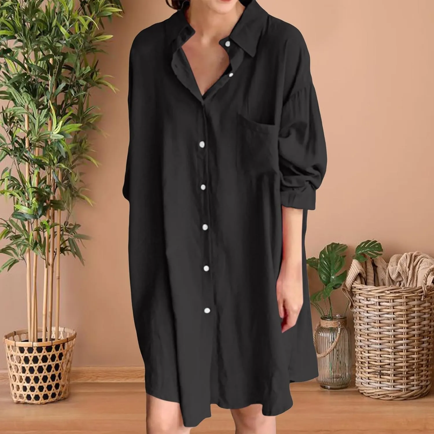 Women's Tunic Mini Shirt Dress Casual Long Sleeve Button Up Ruffle Hem Dress Flowy Chambray Dresses