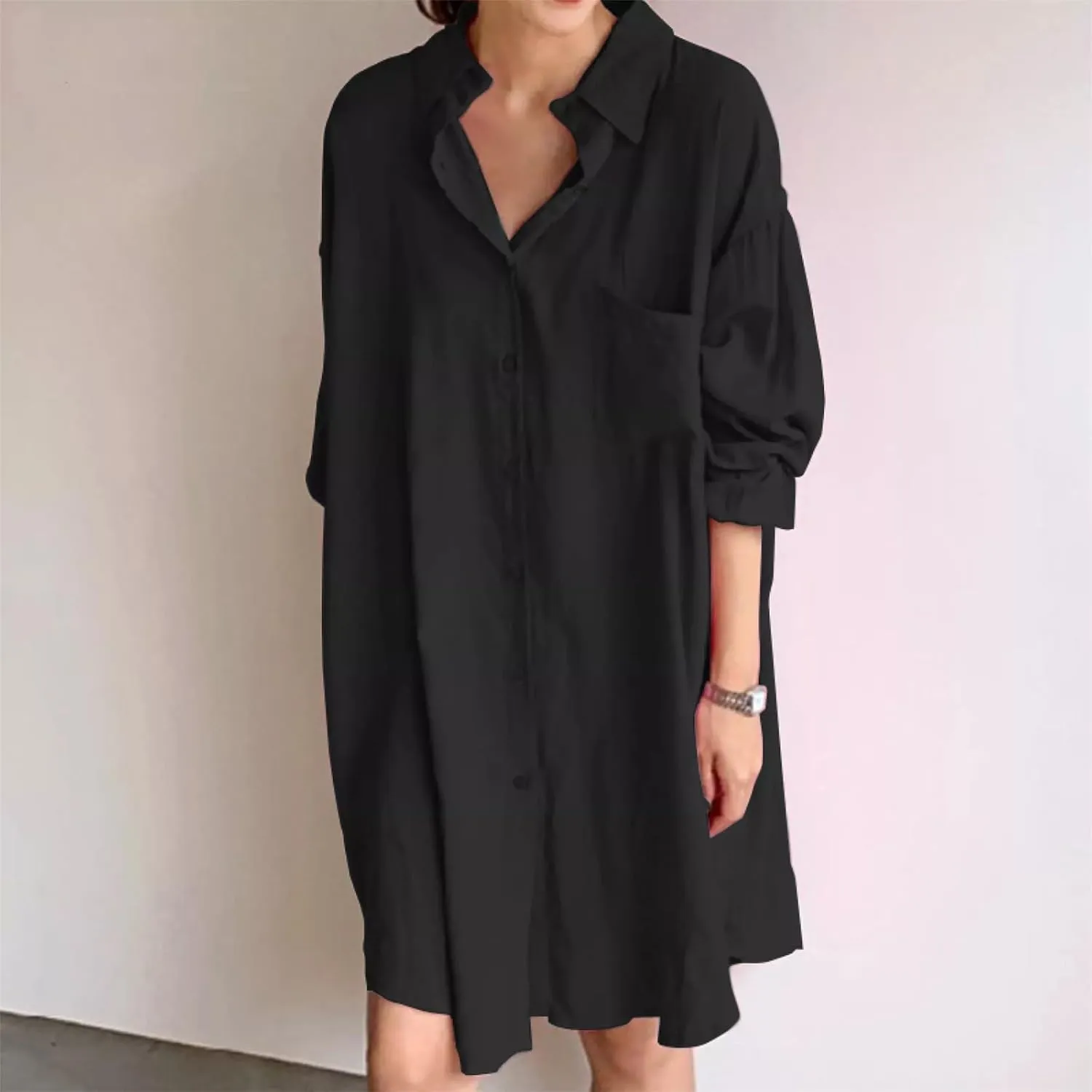 Women's Tunic Mini Shirt Dress Casual Long Sleeve Button Up Ruffle Hem Dress Flowy Chambray Dresses